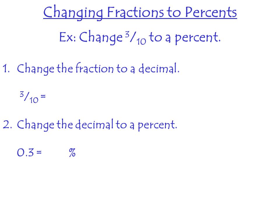 Changing Fractions to Percents Ex: Change 3/10 to a percent.