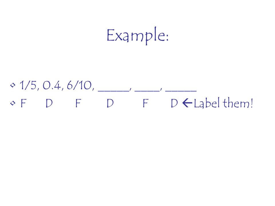 Example: 1/5, 0.4, 6/10, _____, ____, _____.