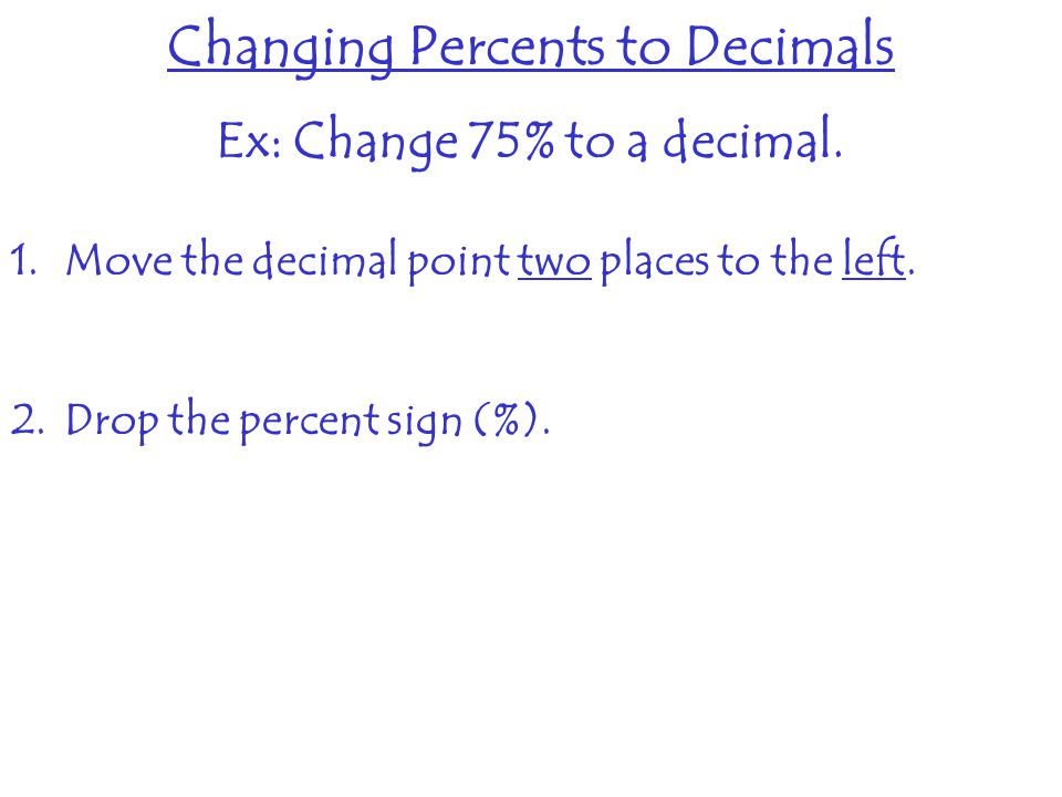 Changing Percents to Decimals Ex: Change 75% to a decimal.