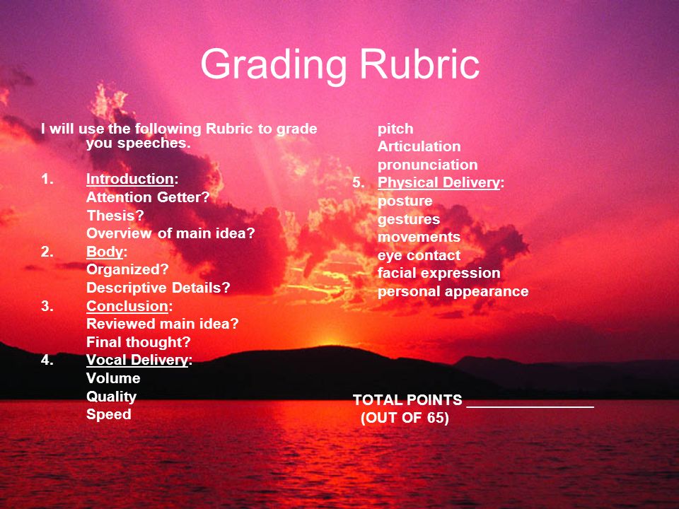 Grading Rubric I will use the following Rubric to grade you speeches.