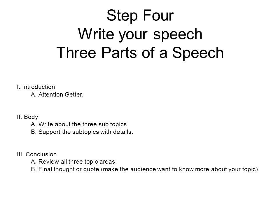 Step Four Write your speech Three Parts of a Speech