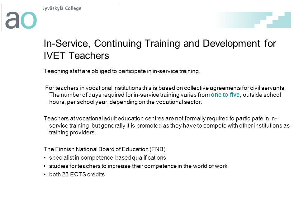 In-Service, Continuing Training and Development for IVET Teachers