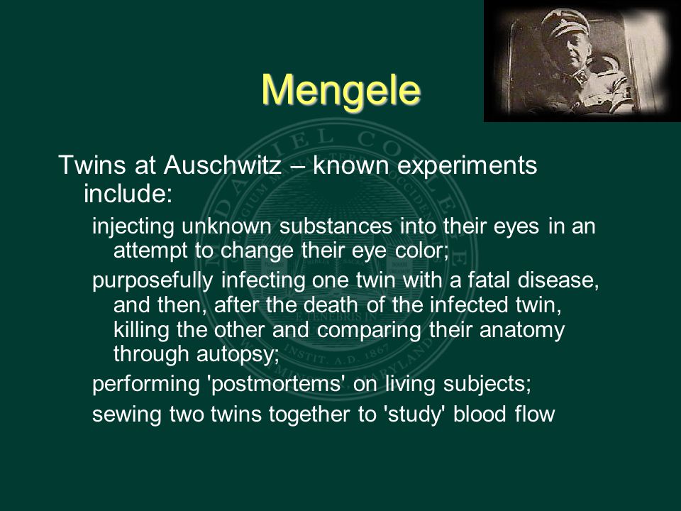 Mengele Twins at Auschwitz – known experiments include: