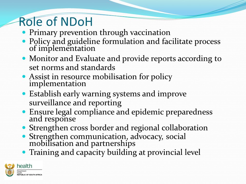Role of NDoH Primary prevention through vaccination