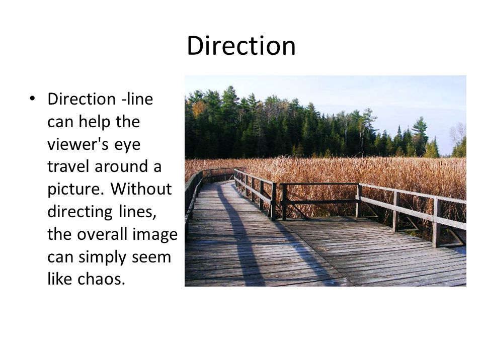 Direction Direction -line can help the viewer s eye travel around a picture.