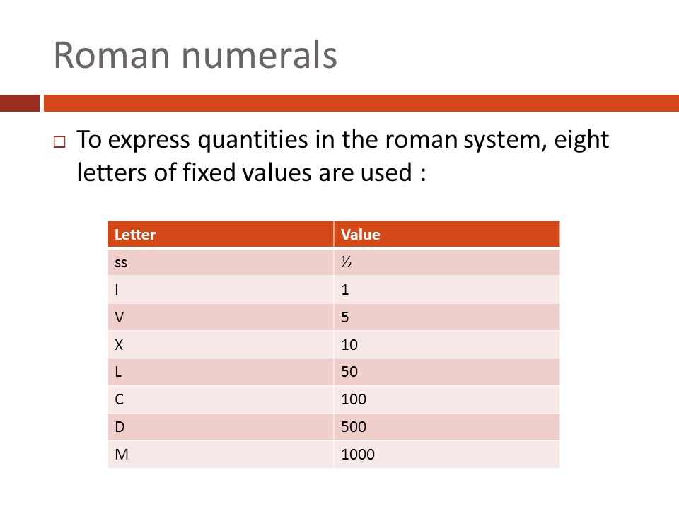 Roman numerals To express quantities in the roman system, eight letters of fixed values are used :