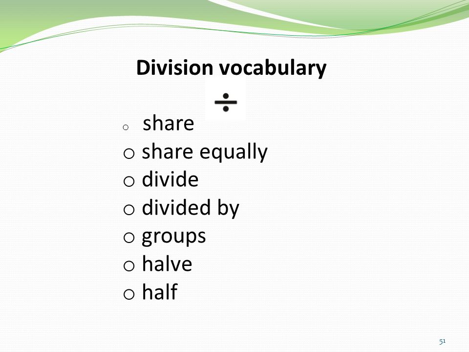 Division vocabulary share equally divide divided by groups halve half