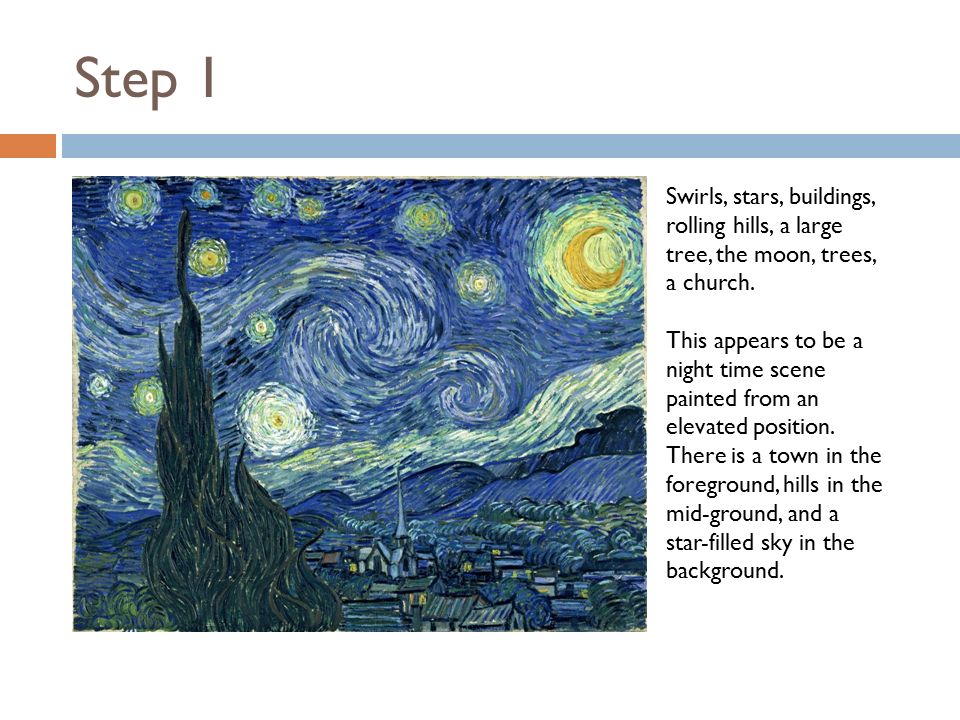 Step 1 Swirls, stars, buildings, rolling hills, a large tree, the moon, trees, a church.