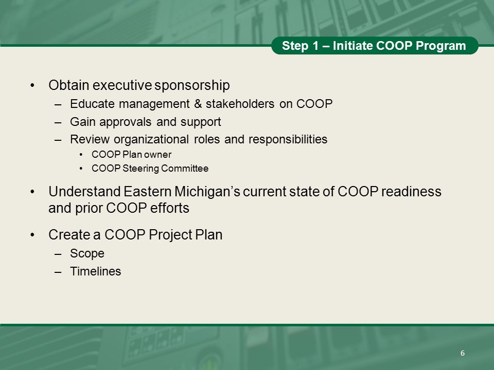 Step 1 – Initiate COOP Program