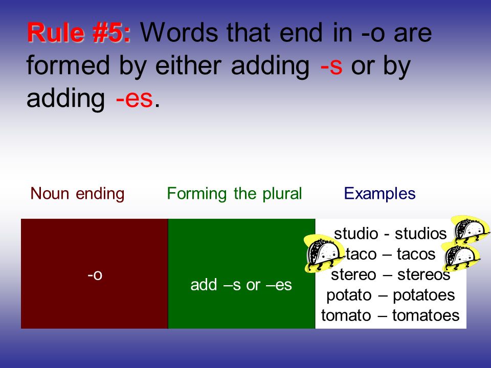 Rule #5: Words that end in -o are formed by either adding -s or by adding -es.