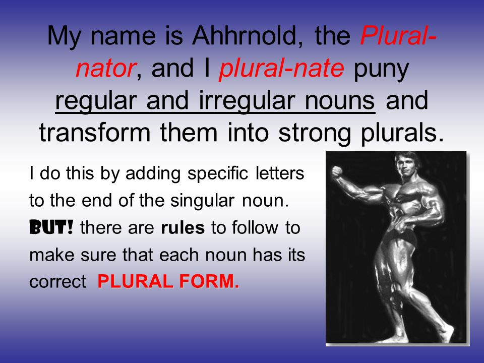 My name is Ahhrnold, the Plural-nator, and I plural-nate puny regular and irregular nouns and transform them into strong plurals.