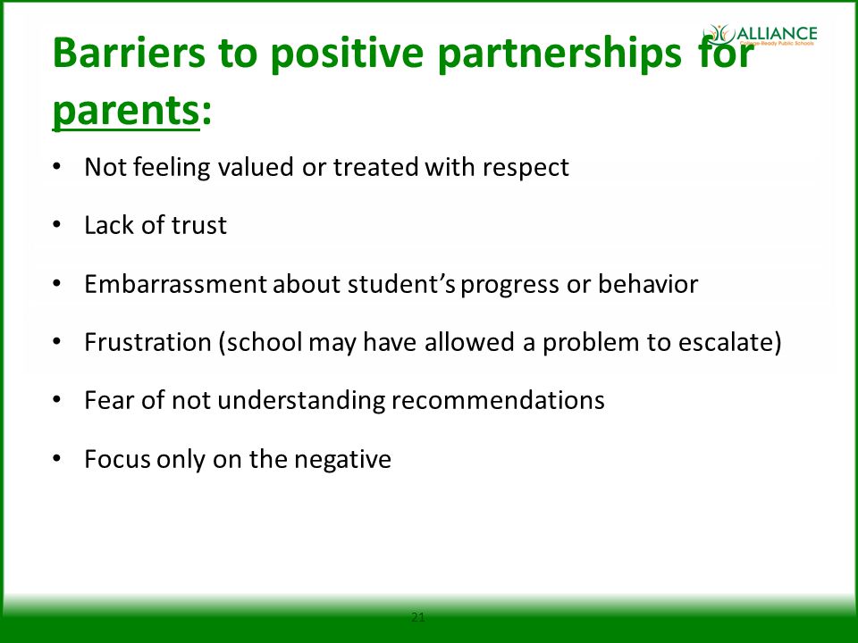 Barriers to positive partnerships for parents: