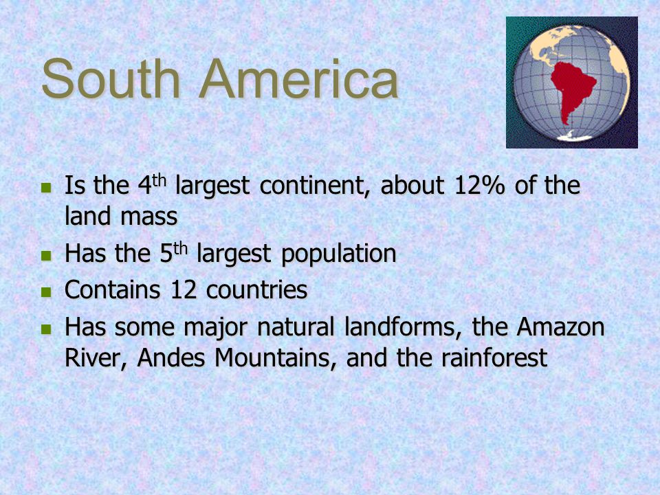 South America Is the 4th largest continent, about 12% of the land mass