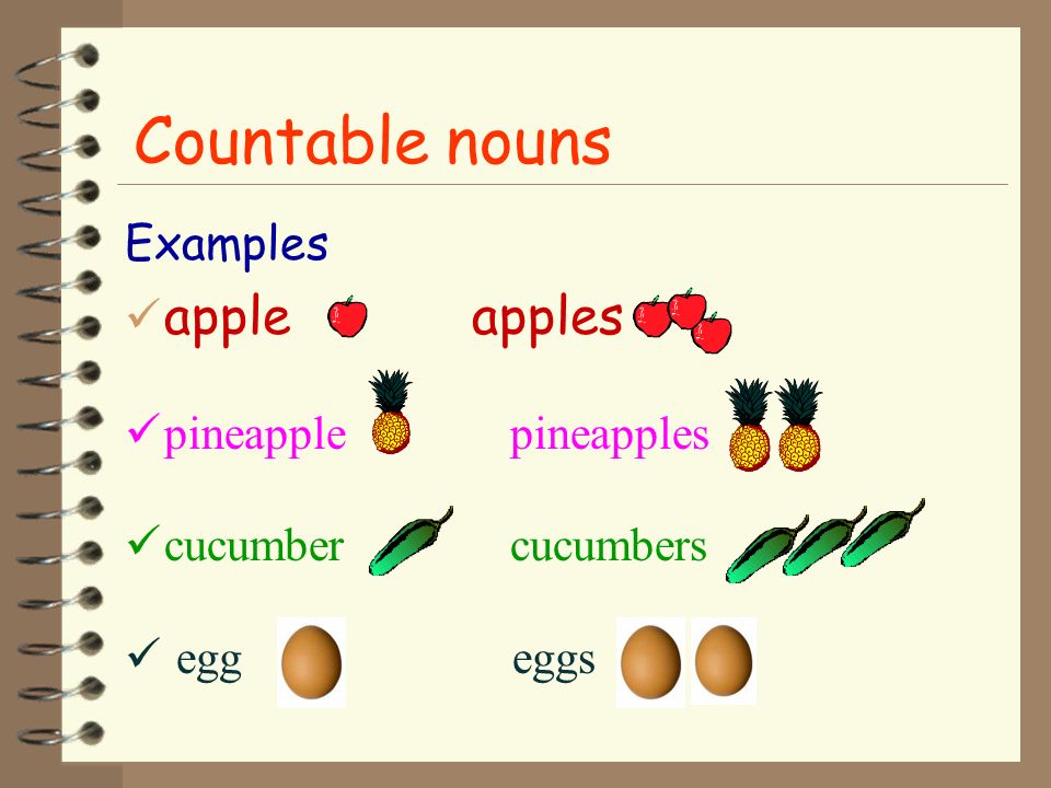 Countable nouns apple apples Examples pineapple pineapples