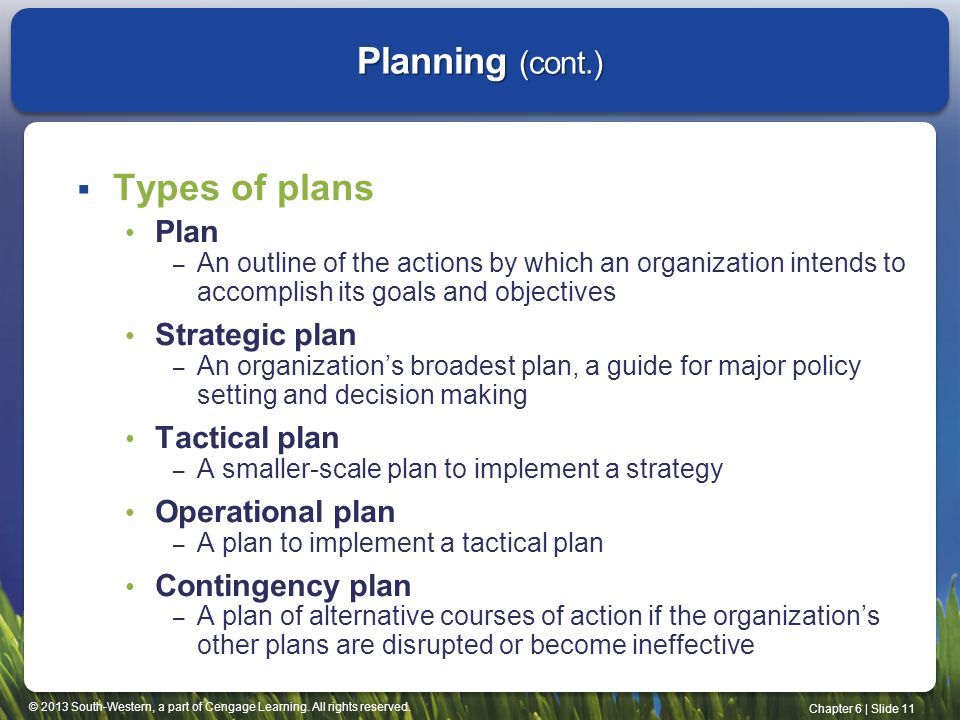 Planning (cont.) Types of plans Plan Strategic plan Tactical plan