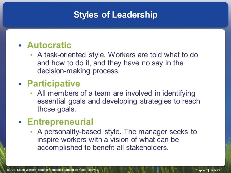 Styles of Leadership Autocratic Participative Entrepreneurial
