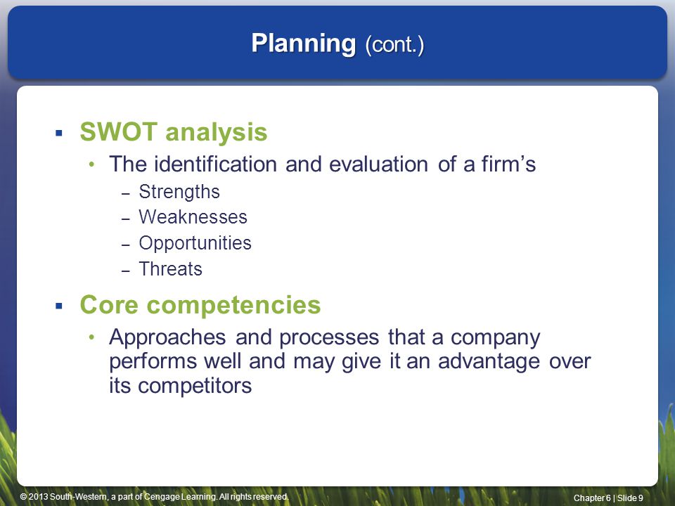 Planning (cont.) SWOT analysis Core competencies