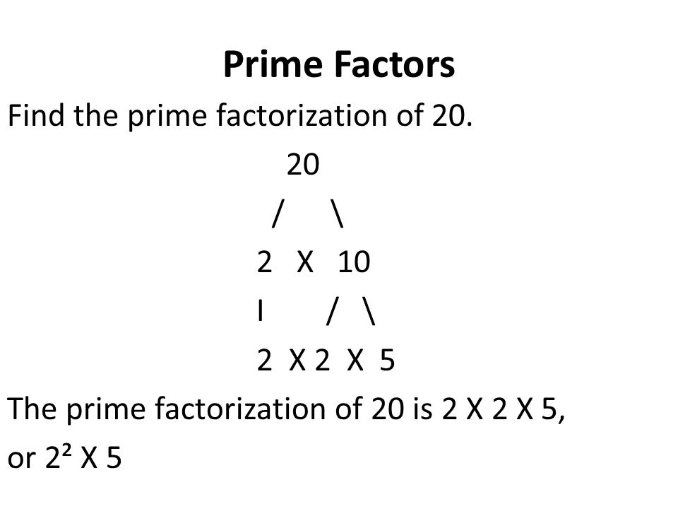 Prime Factors Find the prime factorization of 20.