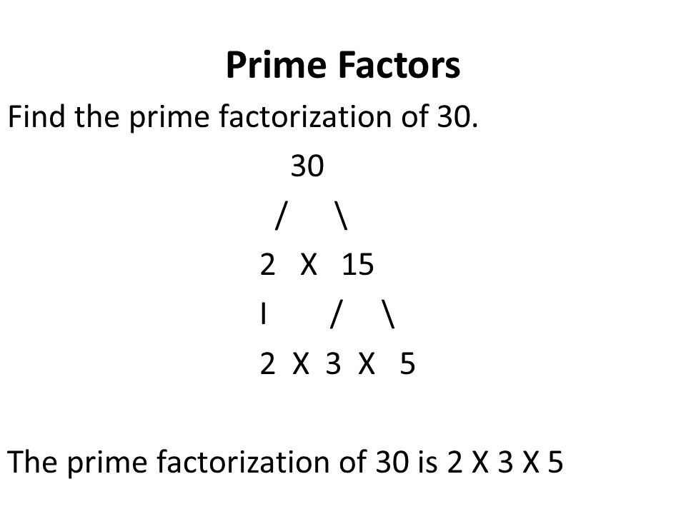 Prime Factors Find the prime factorization of 30.