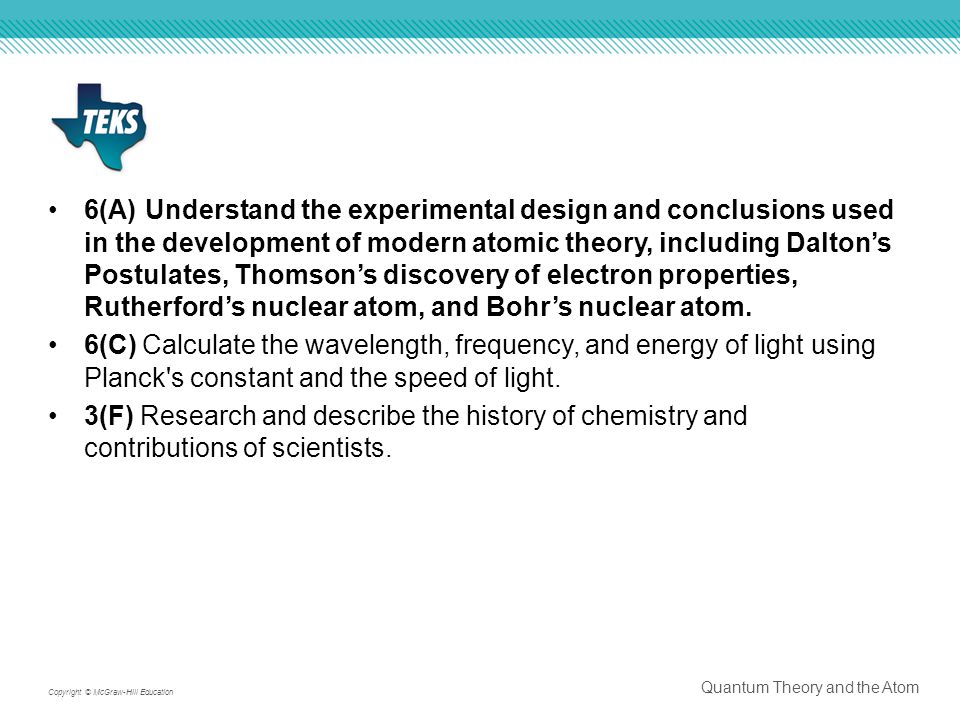 6(A) Understand the experimental design and conclusions used in the development of modern atomic theory, including Dalton’s Postulates, Thomson’s discovery of electron properties, Rutherford’s nuclear atom, and Bohr’s nuclear atom.