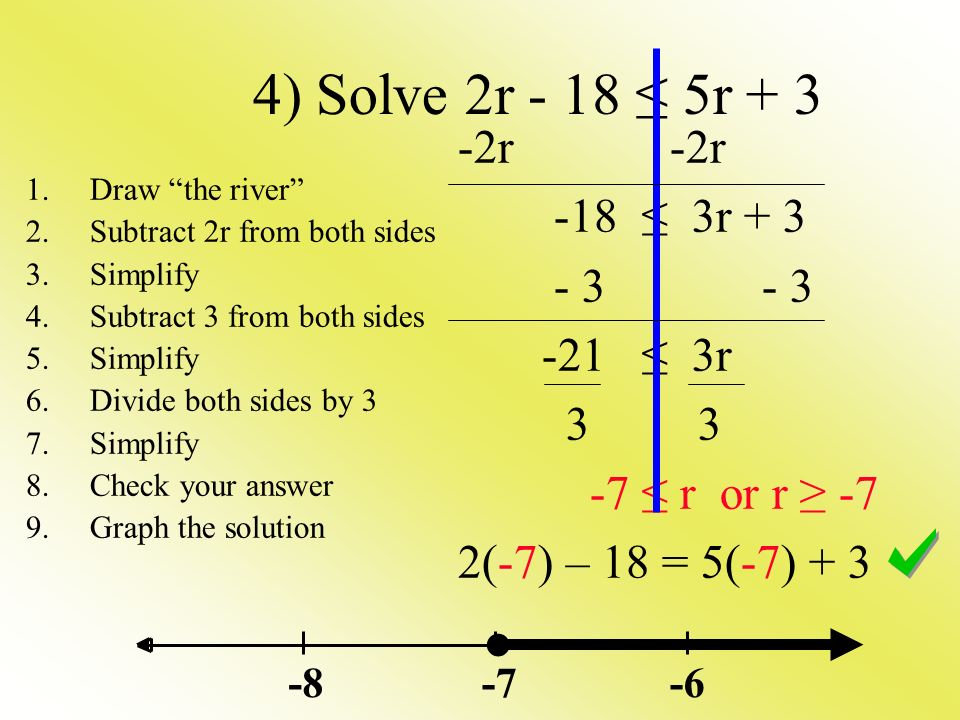 4) Solve 2r - 18 ≤ 5r + 3 ● -2r -2r -18 ≤ 3r ≤ 3r 3 3