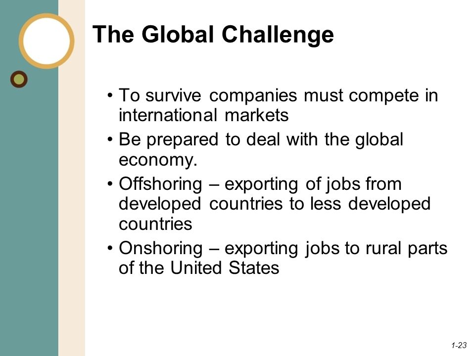 The Global Challenge To survive companies must compete in international markets. Be prepared to deal with the global economy.