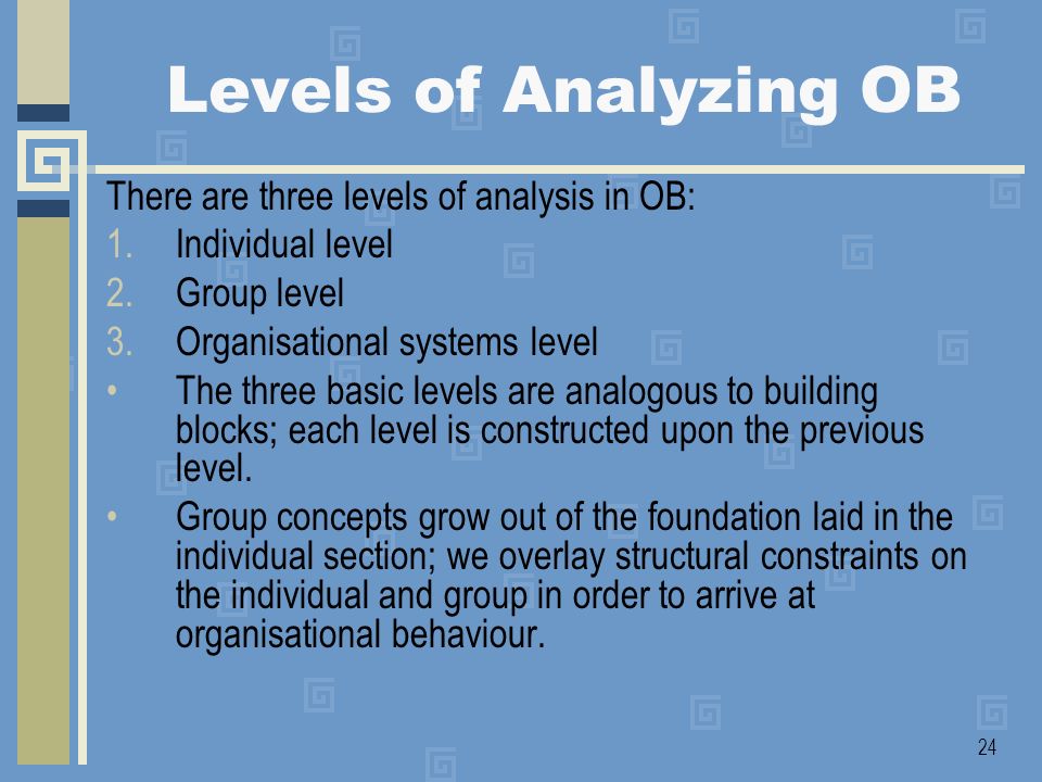 Levels of Analyzing OB There are three levels of analysis in OB: