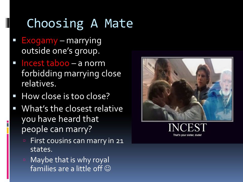 Choosing A Mate Exogamy – marrying outside one’s group.