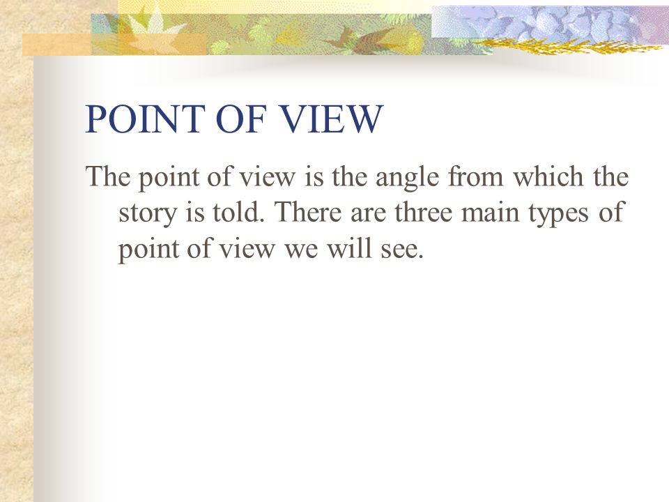 POINT OF VIEW The point of view is the angle from which the story is told.