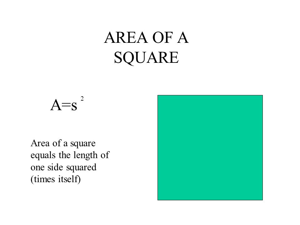 AREA OF A SQUARE A=s 2 Area of a square equals the length of one side squared (times itself)