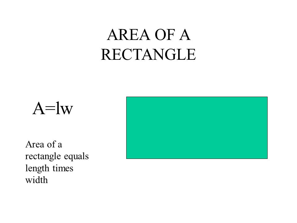 AREA OF A RECTANGLE A=lw Area of a rectangle equals length times width