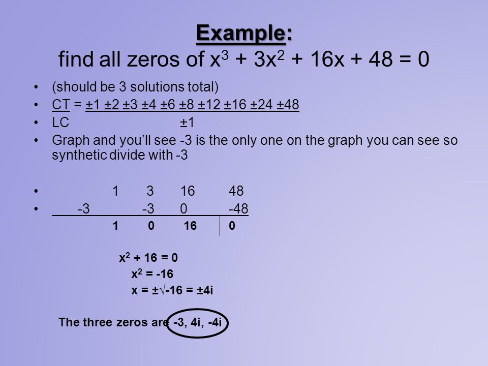 Example: find all zeros of x3 + 3x2 + 16x + 48 = 0