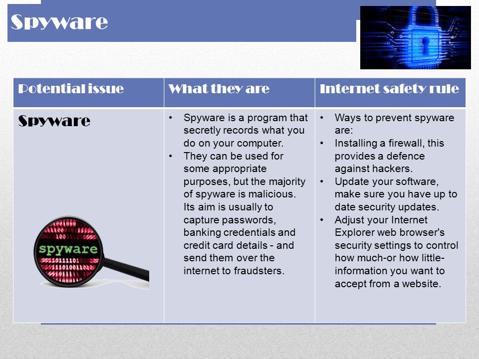 Spyware Spyware Potential issue What they are Internet safety rule