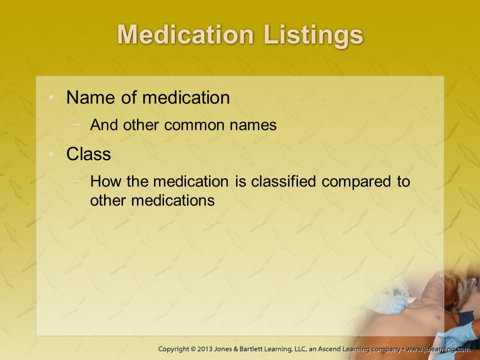 Medication Listings Name of medication Class And other common names