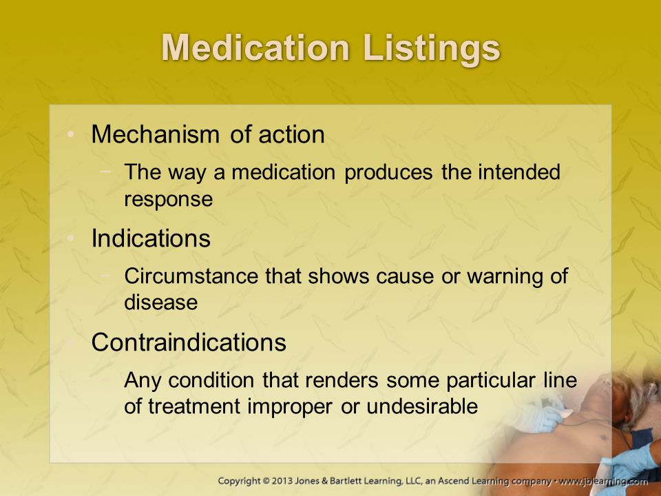 Medication Listings Mechanism of action Indications Contraindications