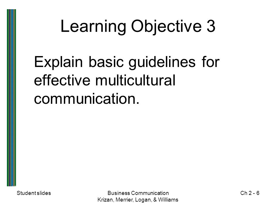 Learning Objective 3 Explain basic guidelines for effective multicultural communication. Student slides.