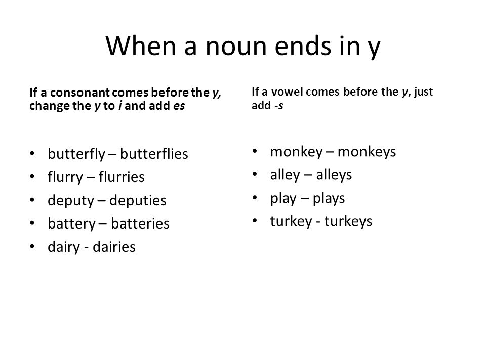 When a noun ends in y monkey – monkeys butterfly – butterflies