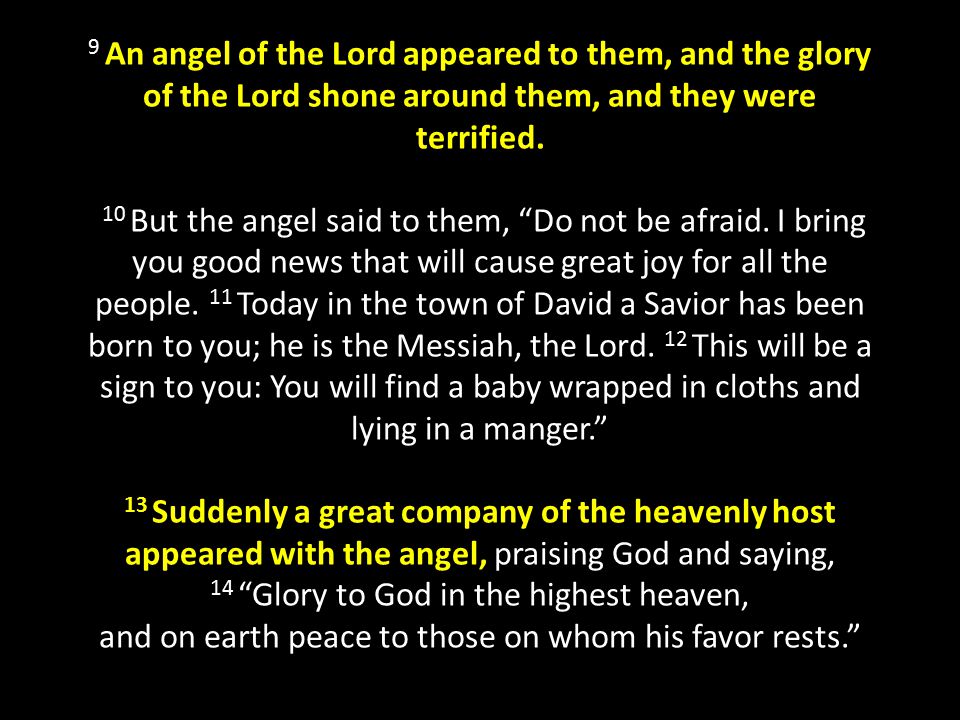 9 An angel of the Lord appeared to them, and the glory of the Lord shone around them, and they were terrified.
