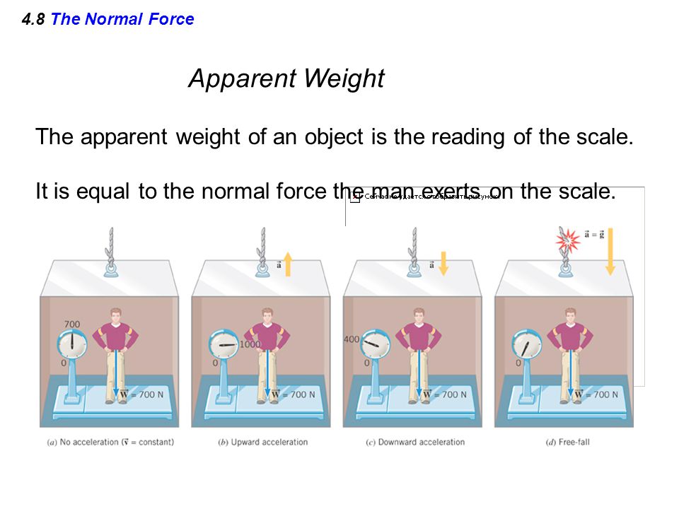 4.8 The Normal Force Apparent Weight. The apparent weight of an object is the reading of the scale.