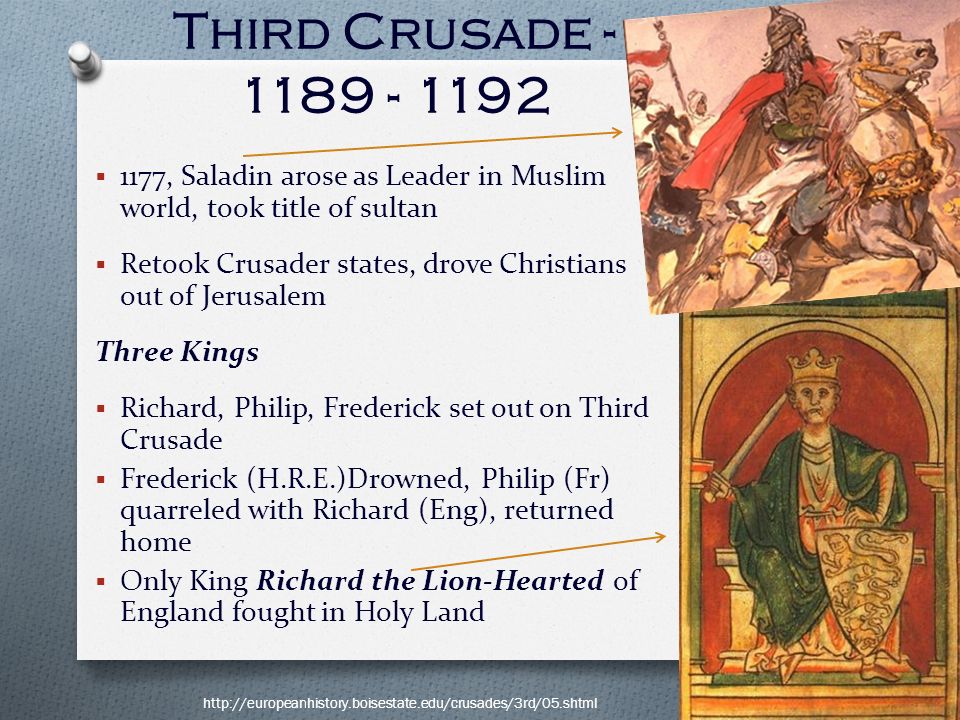 Third Crusade , Saladin arose as Leader in Muslim world, took title of sultan.