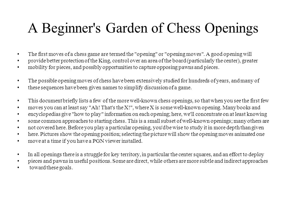 A Beginner's Garden of Chess Openings