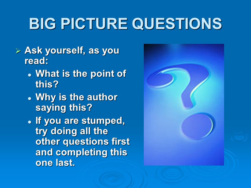 BIG PICTURE QUESTIONS Ask yourself, as you read: