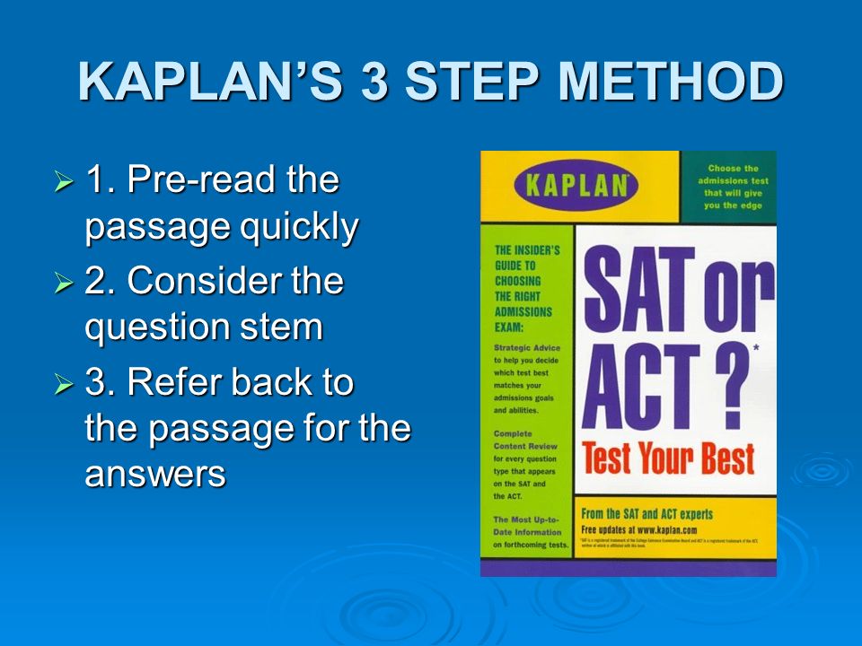 KAPLAN’S 3 STEP METHOD 1. Pre-read the passage quickly