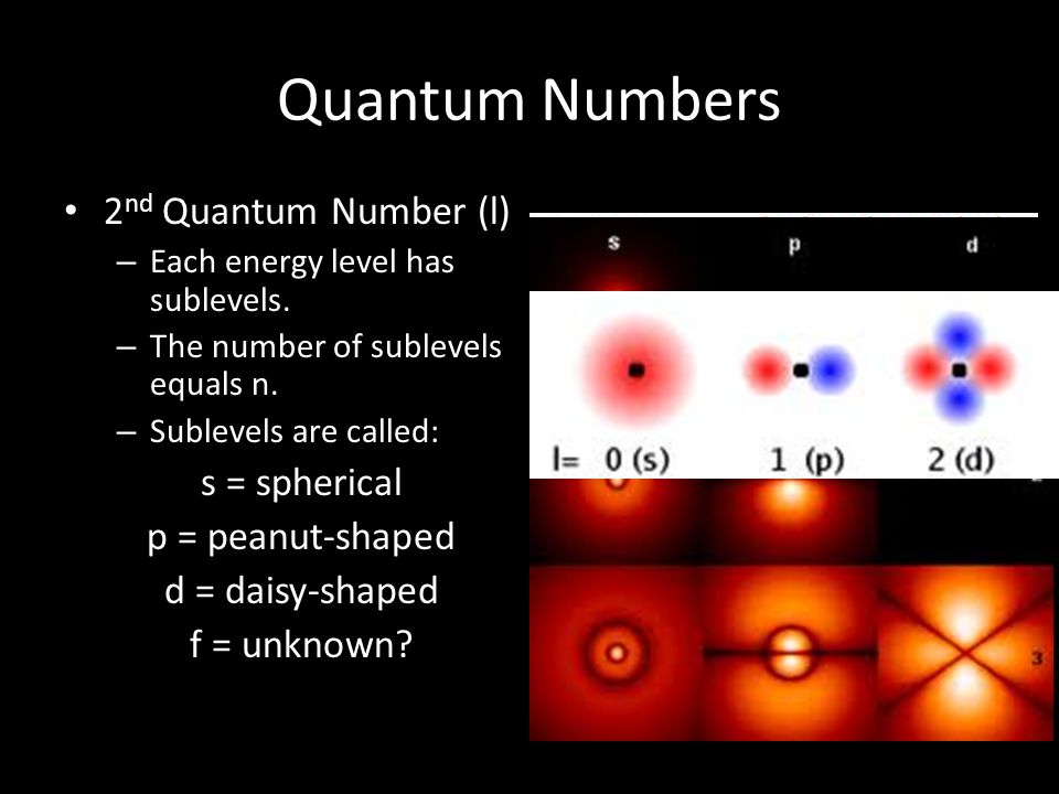Quantum Numbers 2nd Quantum Number (l) s = spherical p = peanut-shaped