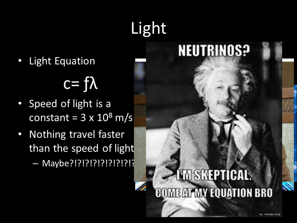 Light c= ƒλ Light Equation Speed of light is a constant = 3 x 108 m/s
