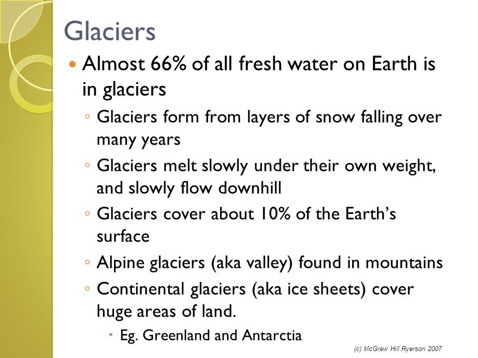 Glaciers Almost 66% of all fresh water on Earth is in glaciers