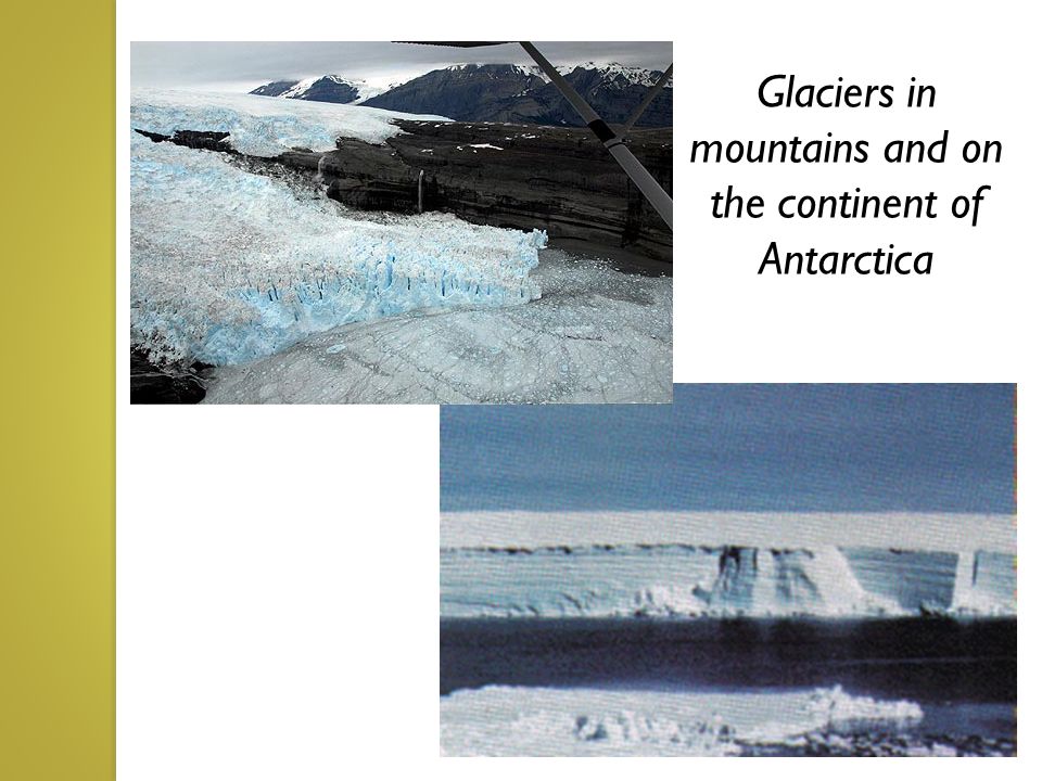 Glaciers in mountains and on the continent of Antarctica
