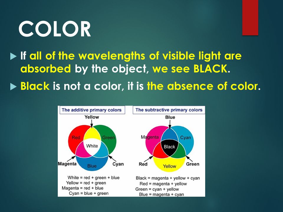 COLOR If all of the wavelengths of visible light are absorbed by the object, we see BLACK.