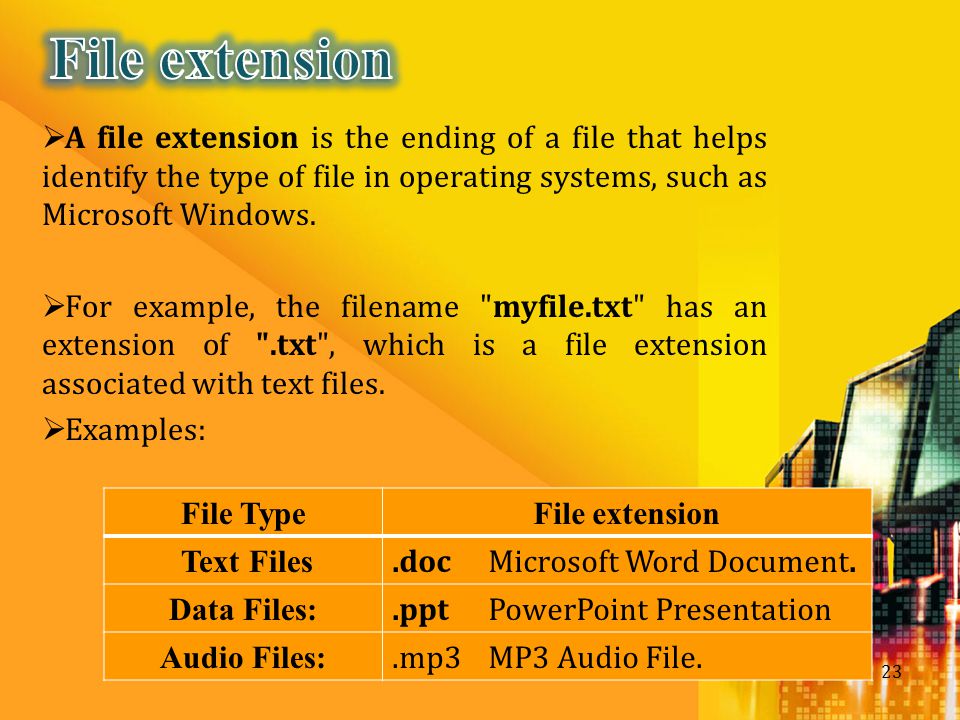 File extension A file extension is the ending of a file that helps identify the type of file in operating systems, such as Microsoft Windows.