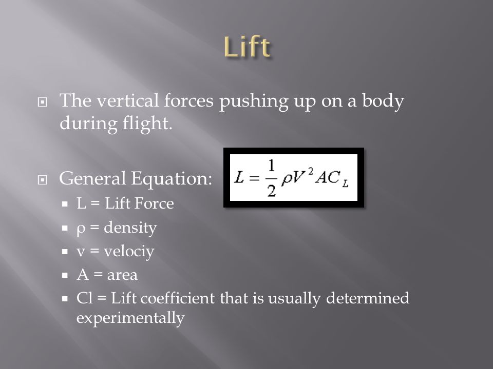 Lift The vertical forces pushing up on a body during flight.